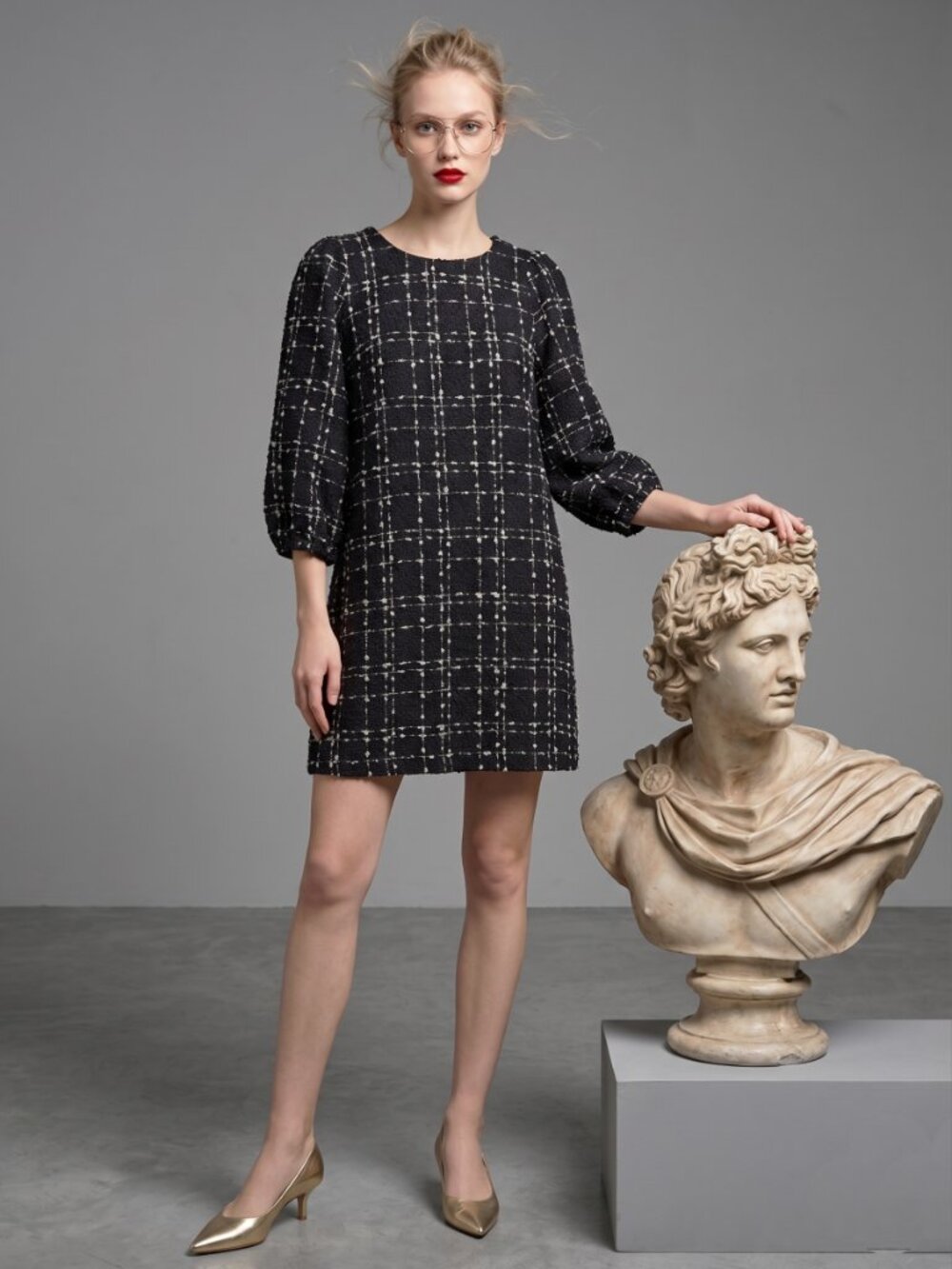 Tartan Plaid Bouclé Tweed Mini Black Dress Balloon 3/4 Sleeves French Chic